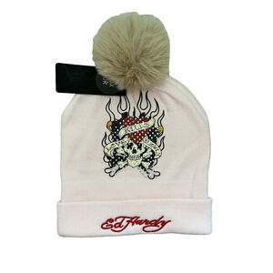Women's Ed Hardy Pink One Size Winter Pom Pom Hat Rhinestones New With Tags